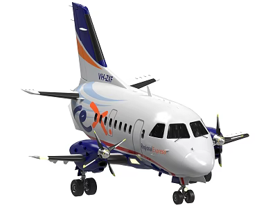 White Passenger Airplane With Blue Orange Stripes Twin Propeller Engines And Landing Gear 3d model