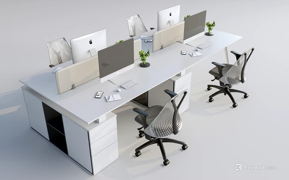 Modern Office Desk Setup With Multiple Workstations Computer Monitors Mesh Chairs Dividers And Potted Plants 3d model 