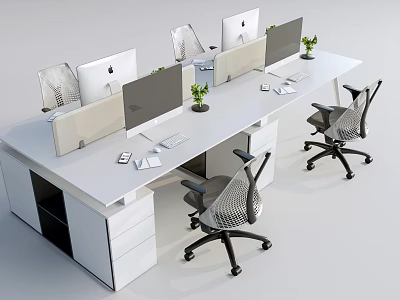 Modern Office Desk Setup With Multiple Workstations Computer Monitors Mesh Chairs Dividers And Potted Plants 3d model