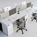 Modern Office Desk Setup With Multiple Workstations Computer Monitors Mesh Chairs Dividers And Potted Plants