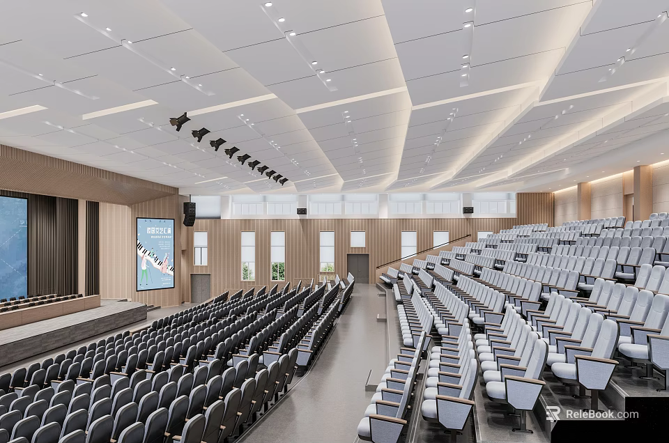 Modern Large Conference Room Interior With Staircase Seating Projection Screen And Lighting Design 3d model 