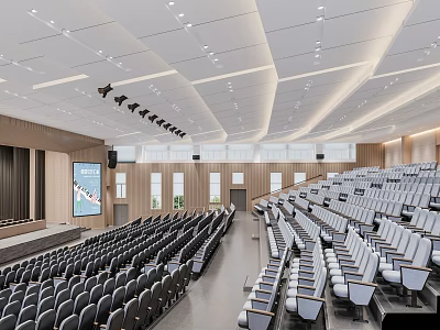 Modern Large Conference Room Interior With Staircase Seating Projection Screen And Lighting Design 3d model
