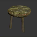 Vintage Wooden Stool with Round Seat Green Red Patina and Three Legs