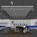 Modern Exhibition Hall Interior With Vintage Motorcycle Blue Curved Structure Wooden Floor And Display Cabinets