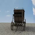 Vintage Horse-Drawn Wooden Carriage with Roof Rack and Windows on Stone Pavement under Blue Sky