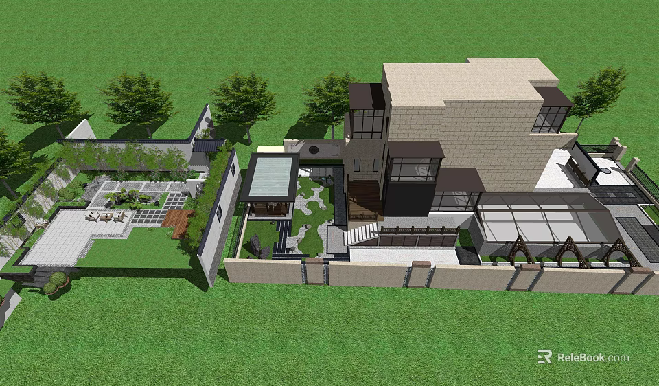 Contemporary Detached Villa With Green Lawn Trees Courtyard And Outdoor Space 3d model 