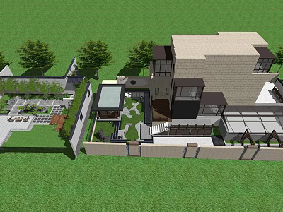 Contemporary Detached Villa With Green Lawn Trees Courtyard And Outdoor Space 3d model