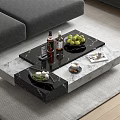 Modern Marble Coffee Table With Fruits Wine Bottles Magazines And Gray Sofa