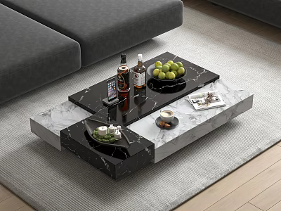 Modern Marble Coffee Table With Fruits Wine Bottles Magazines And Gray Sofa 3d model