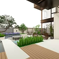 Modern Courtyard Garden Landscape With Swimming Pool Wicker Chairs Green Plants And Steps
