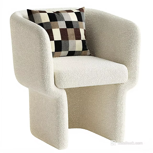 Plush Cream Colored Accent Chair with Curved Armrests and Black White Checkered Cushion 3d model 