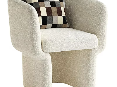 Plush Cream Colored Accent Chair with Curved Armrests and Black White Checkered Cushion 3d model