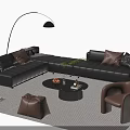 Elegant L shaped Leather Sofa and Coffee Table Set with Decorative Pillows Armchair Floor Lamp and Rug