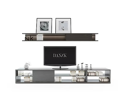 Modern TV Stand With Storage Drawers Decorative Items And Wall Shelf Photo Frames 3d model