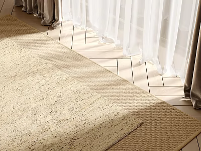Square Woven Beige Rug in Sunlit Indoor Room with Curtains and Wooden Floor 3d model