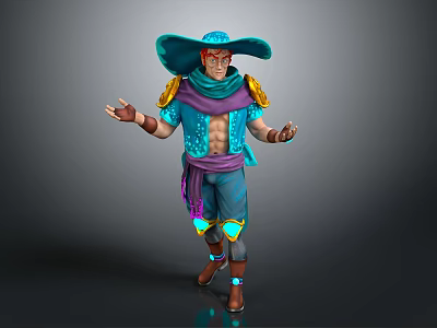 Fantasy Adventure Game Character With Blue Hat Red Hair Turquoise Outfit And Purple Scarf Design 3d model