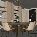 Modern Restaurant Interior With Open Design Wooden Bookshelves Round Table Beige Chairs And Pendant Lights