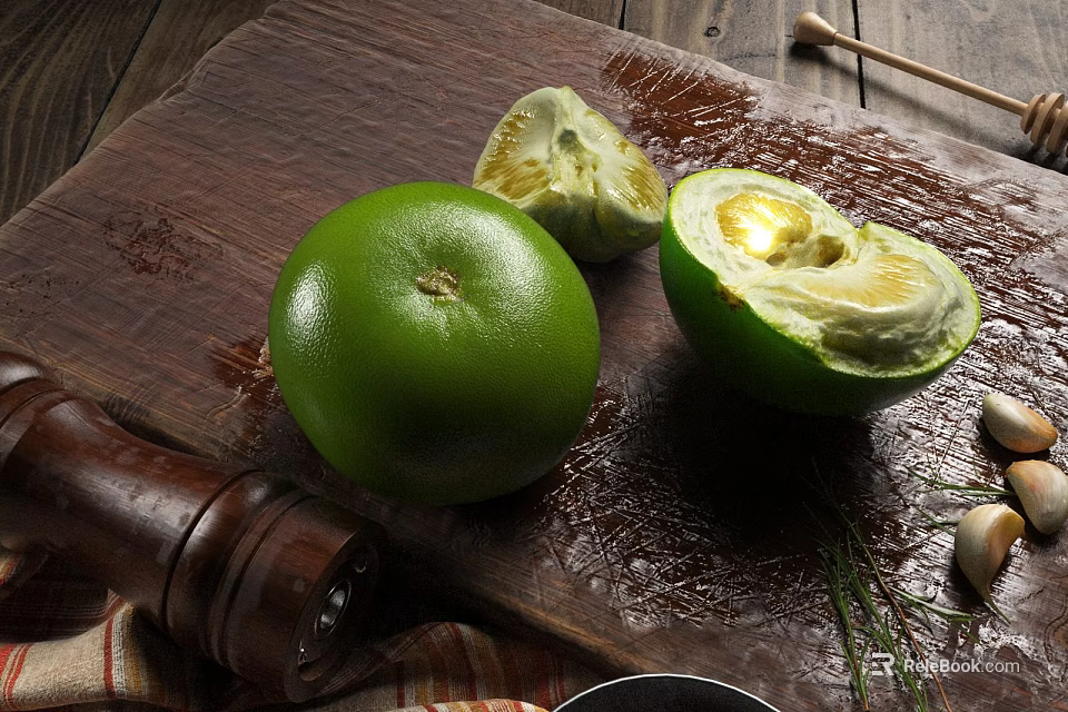 Green Avocado Whole And Halved On Wooden Cutting Board With Herbs Garlic And Pepper Grinder 3d model 