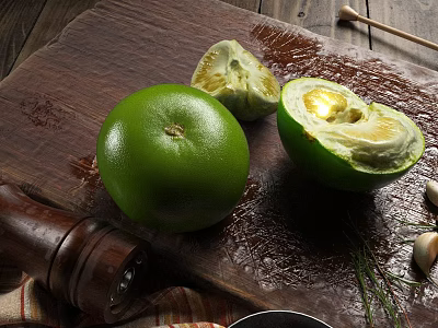 Green Avocado Whole And Halved On Wooden Cutting Board With Herbs Garlic And Pepper Grinder 3d model