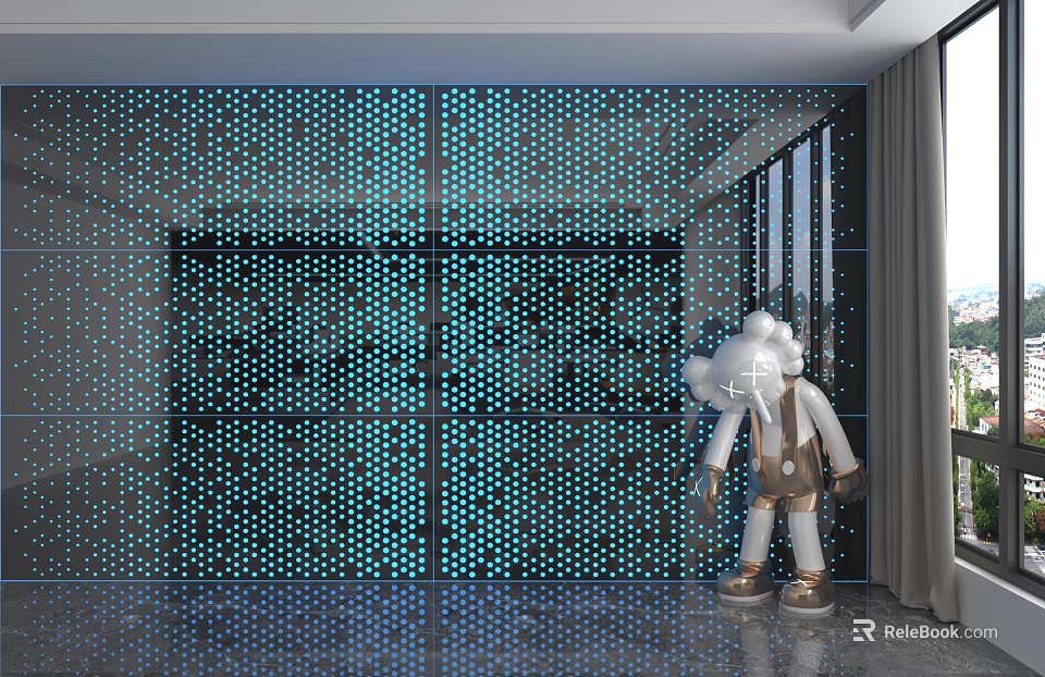 Blue Wall Panel with Geometric Dot Pattern in Modern Interior Featuring White Sculpture 3d model 