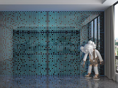 Blue Wall Panel with Geometric Dot Pattern in Modern Interior Featuring White Sculpture 3d model