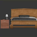 Solid Wooden Bed With Gray Quilt White Pillows And Red Nightstand With Lamp
