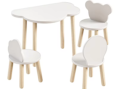 White Cloud Shaped Dining Table Set with Three Cloud Back Chairs and Light Wooden Legs 3d model