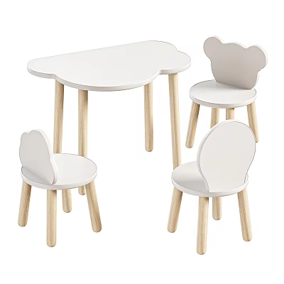 White Cloud Shaped Dining Table Set with Three Cloud Back Chairs and Light Wooden Legs 3d model