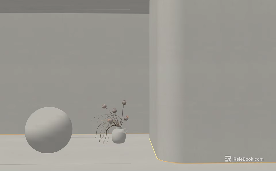 Gray Wall Corner Design With White Vase And Decorative Flowers 3d model