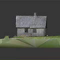 Wooden House with Gray Roof and Wooden Structure on Green Grass Lawn with Steps