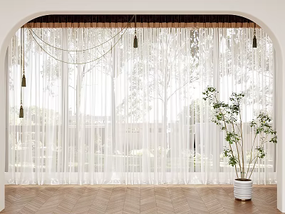 Elegant White Sheer Curtains for Window Decoration with Indoor Plant and Wooden Floor 3d model