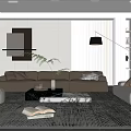 Modern Living Room Interior With Beige Sofa Geometric Rug Floor Lamp Bookshelf And Decorative Plants