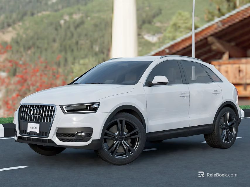 White Audi SUV Parked On Road With Mountains Trees And Red Flowers 3d model 