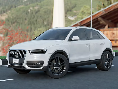 White Audi SUV Parked On Road With Mountains Trees And Red Flowers 3d model