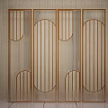 Modern Wooden Room Divider with Geometric Patterns Linear Design and Woven Wall Backdrop