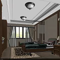 Cozy Bedroom Interior With Double Bed Wooden Furniture Ceiling Lights Wall Sconces Curtains And Rug