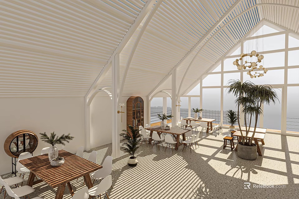 Bright Modern Café Interior With Large Windows Natural Light Comfortable Tables Chairs And Green Plants 3d model 