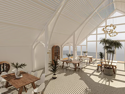 Bright Modern Café Interior With Large Windows Natural Light Comfortable Tables Chairs And Green Plants 3d model