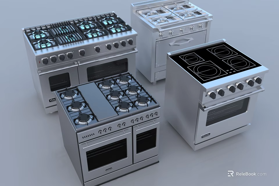 Stainless Steel Kitchen Appliances Gas Stoves and Ovens with Multiple Burners and Modern Designs 3d model 
