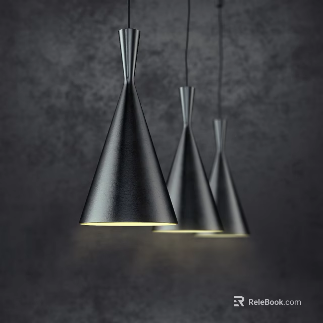 Three Modern Black Conical Pendant Lights Hanging With Illuminated Design 3d model