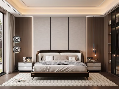 Modern Bedroom Interior With Upholstered Bed Hanging Lights Nightstands And Area Rug 3d model