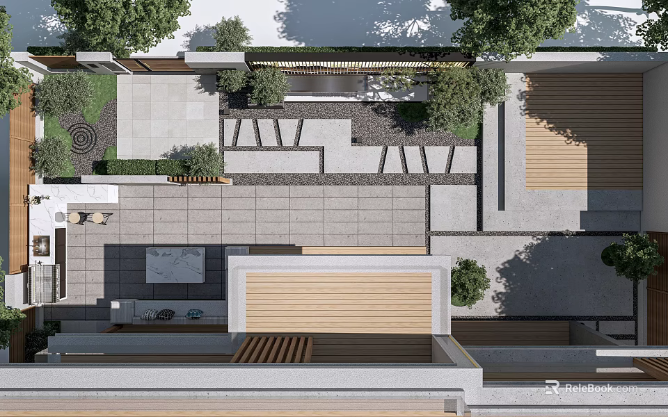 Elegant Courtyard Garden Design With Stone Paving Green Plants And Wooden Deck Area 3d model 