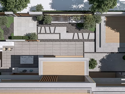 Elegant Courtyard Garden Design With Stone Paving Green Plants And Wooden Deck Area 3d model