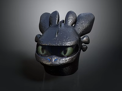 Unique Black Rabbit Ear Helmet Featuring Green Eyes And Metallic Finish 3d model