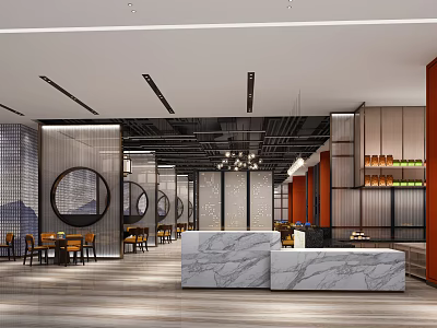 Modern Restaurant Interior Design With Marble Bar Counter Round Decorative Panels And Dining Tables 3d model