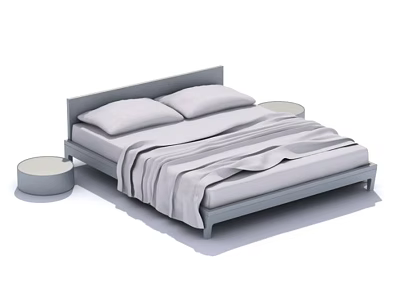 Modern Double Bed with Gray Headboard Two Pillows Gray Bedspread and Round Nightstands 3d model