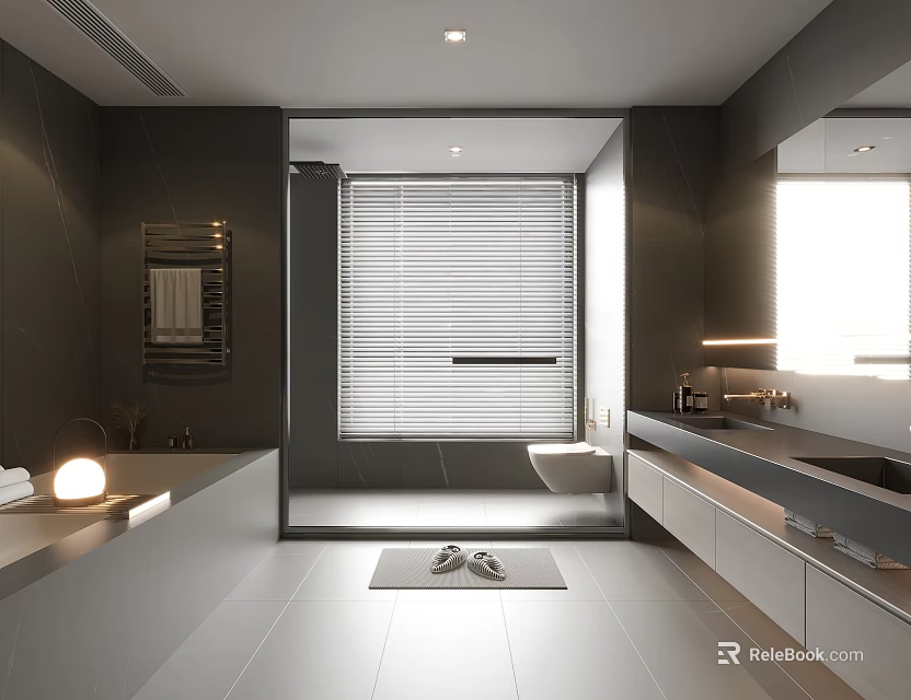 Modern Bathroom Interior With Gray Tones Large Window Blinds Bathtub Double Sink Vanity And Mirror 3d model 