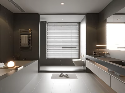 Modern Bathroom Interior With Gray Tones Large Window Blinds Bathtub Double Sink Vanity And Mirror 3d model