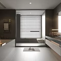 Modern Bathroom Interior With Gray Tones Large Window Blinds Bathtub Double Sink Vanity And Mirror 3d model