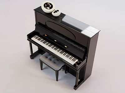 Black Upright Piano with Art Supplies on Top and Matching Piano Bench 3d model